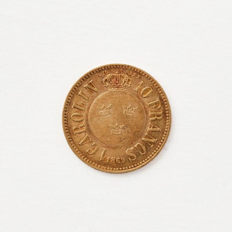 Guldmynt, Carl XV, Sverige, 1 Carolin, 10 Francs, 1869.