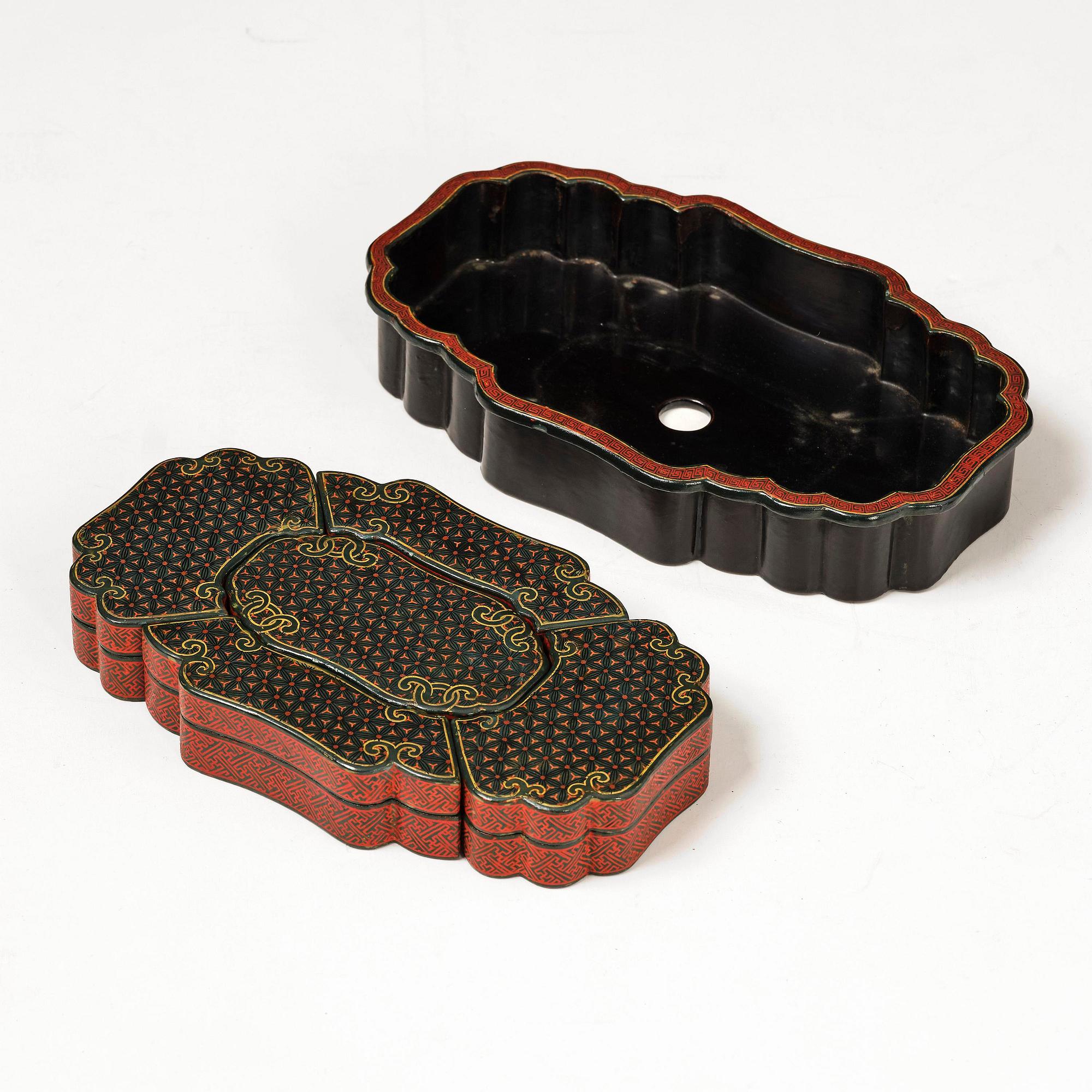 A fine carved lacquer box and cover with tianqi lacquer inset boxes and covers, Qing dynasty, Qianlong (1736-95).