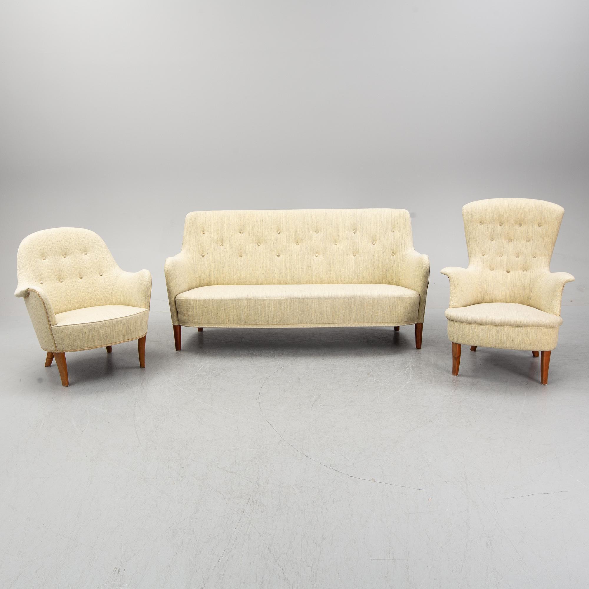 Carl Malmsten, soffa "Konsert", fåtölj "Cirkus" och fåtölj "Gamla Stan".