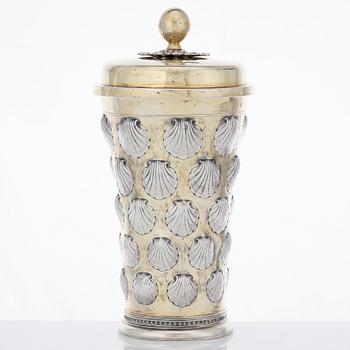 A 17th century parcel gilt silver beaker and cover, unidentified makers mark, possibly Balticum.