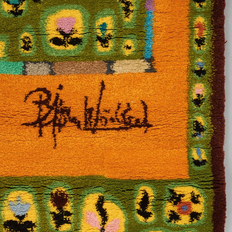 Björn Wiinblad, A WALL HANGING/A CARPET, "Tucano", "Spring Lady", hand knotted, ca 282 x 106 cm, signed Bjørn Wiinblad.