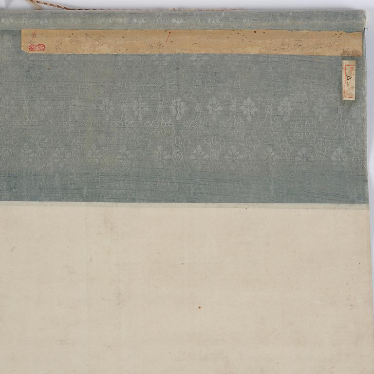 A Chinese scroll painting, ink and colour on silk, late Qing dynasty after Qiu Ying.