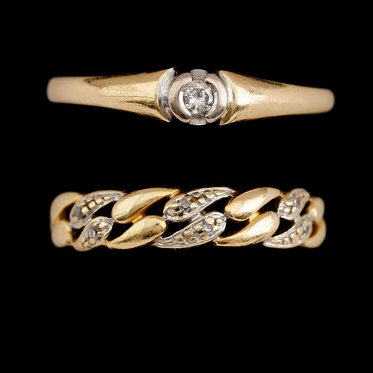 RINGAR, 2 st, 18 k guld och diamanter. Vikt ca 4 g.