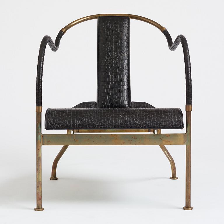 Mats Theselius, an "El Rey" brass and black leather armchair, Källemo, Sweden post 1999.