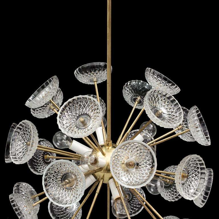 A 1960s brass and glass ceiling light. Total height ca 86 cm.