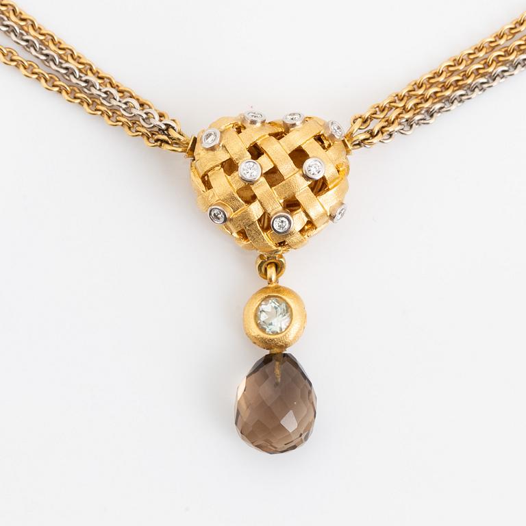 Ole Lynggaard, Charlotte Lynggaard, lås flätat hjärta med diamanter, collier, nyckelberlock med rökkvarts och akvamarin.
