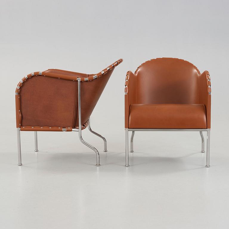 Mats Theselius, A pair of 'Bruno' brown leather and steel easy chairs, Källemo, Sweden.