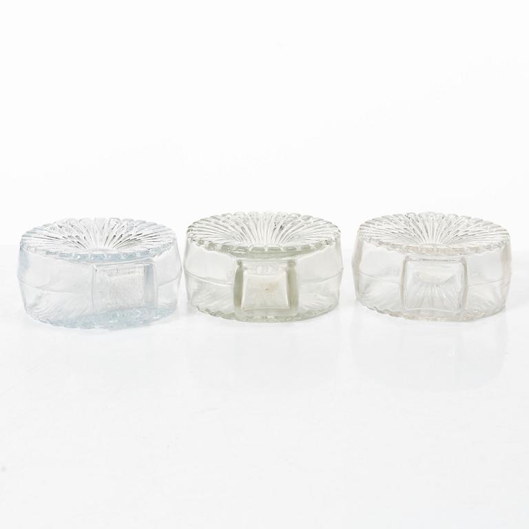 Helena Tynell, six 'Sun bottle' glass flasks, Riihimäen Lasi Oy. Manufactured between 1964-74.