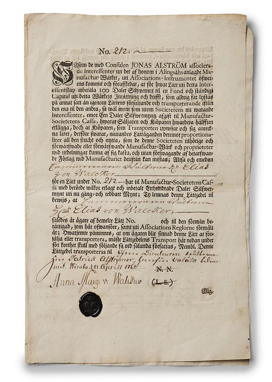 Aktiebrev, Ahlingsåhs Manufaktur Werk (Manufactur-Societet), No 212, 1728, ett tryckt förordnande medföljer.