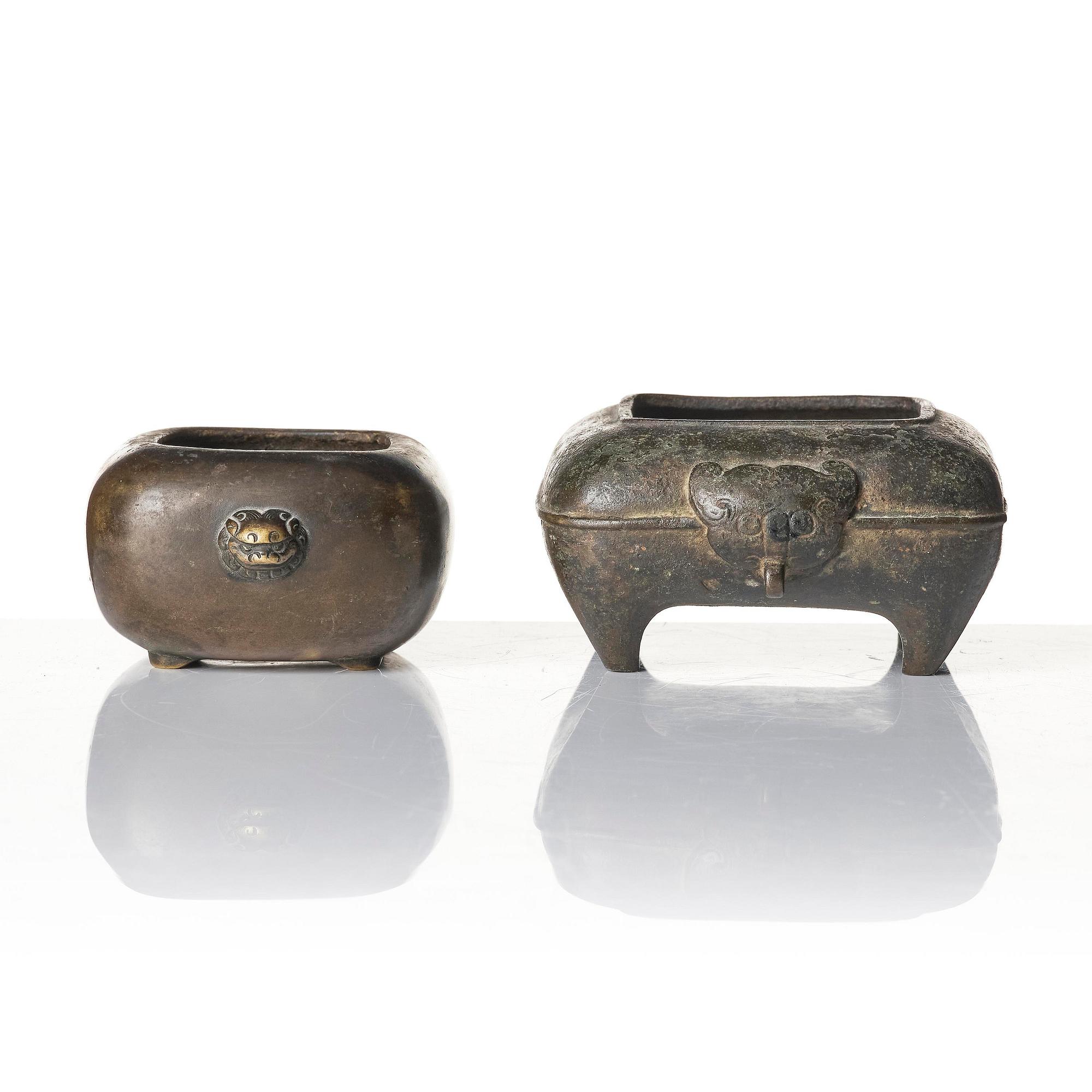 A group of three bronze vessels, Ming dynasty and older.