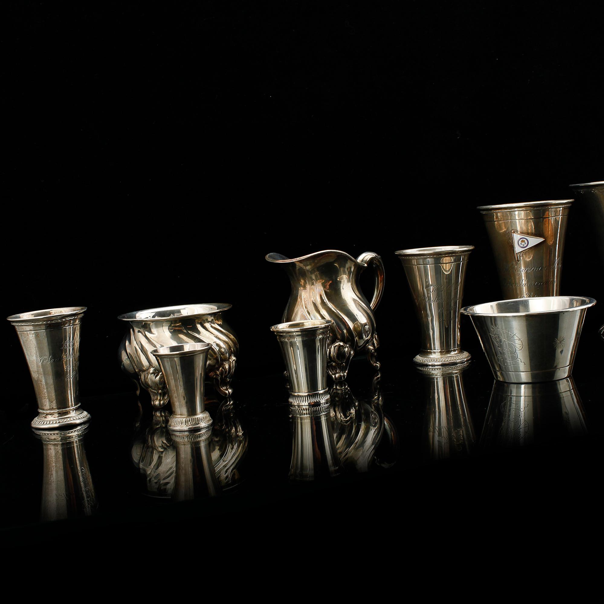 PARTI SILVER, 13 delar. Bl a GAB Stockholm 1895. Tot ca 620 g.