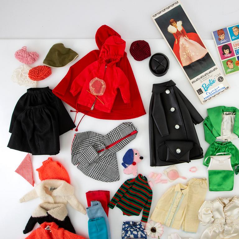 Barbie wardrobe along with clothes and accessories, 1960s, including "Theatre date" 1964.