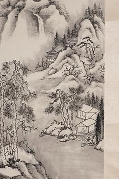 A hanging scroll o a landscape with buildings and a figure, by an unknown artist (Zhang Daye), 20th Century.