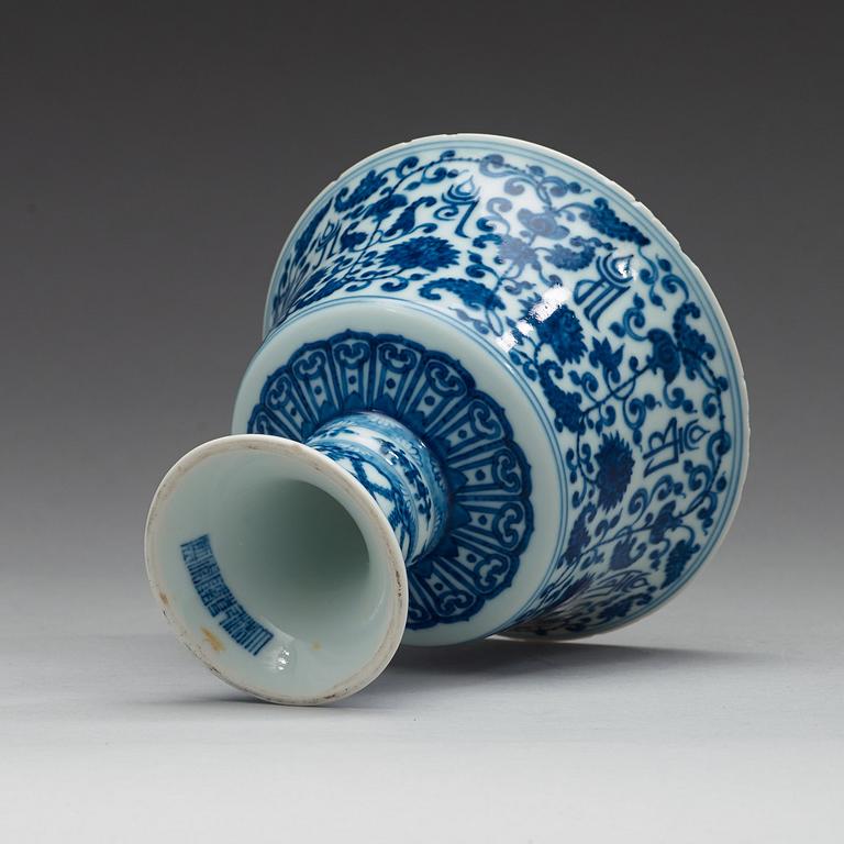 A blue and white stemcup with 'Lanca' characters, Qing dynasty with Qianlong mark.