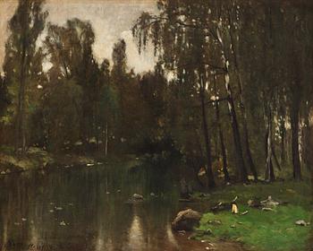 Carl Fredrik Hill, Landscape with trees and still water.