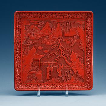 A square red lacquer tray, Qing dynasty (1644-1912).