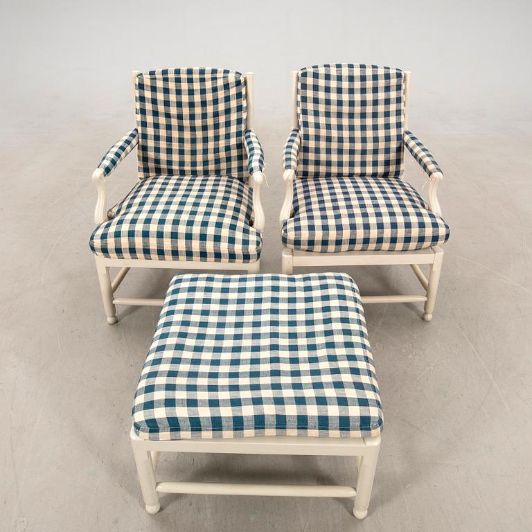 Armchairs, a pair and a footstool, "Medevi", from IKEA's 18th-century series, 1990s.