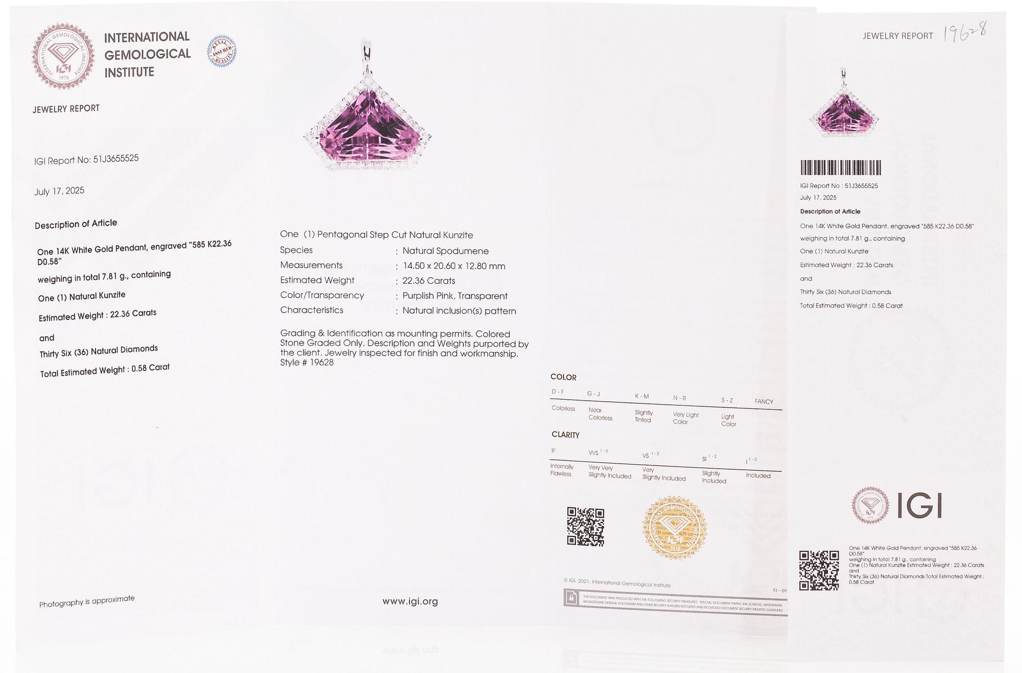 A 14K gold necklace with kunzite and brilliant cut diamonds.