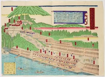 Three coloured woodblock prints, Japan, 20th century.