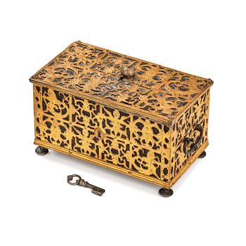 The Wrangel strongbox, a German wrought iron and steel engraved strongbox dated 1658.