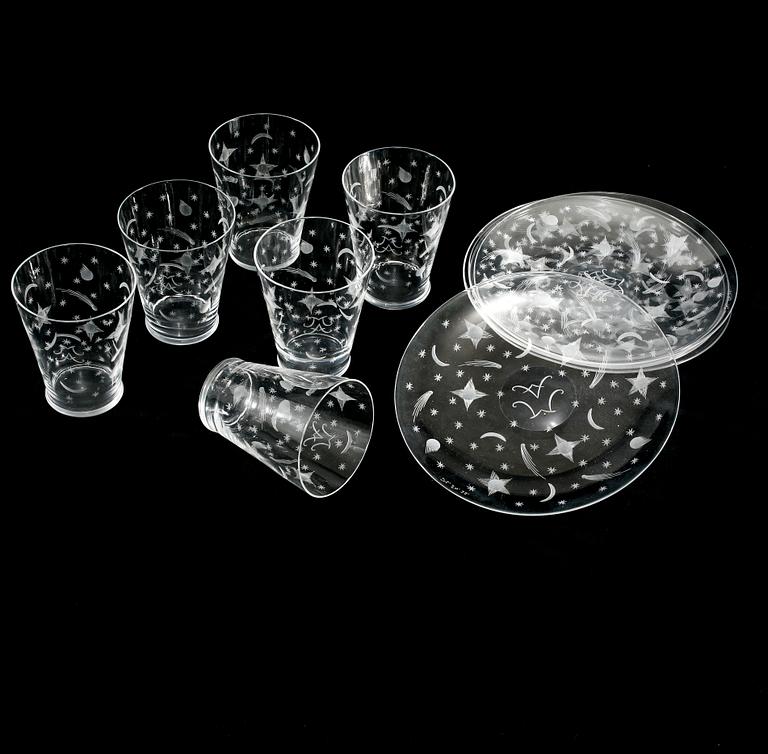 GLAS, 6 st samt ASSIETTER, 6 st, glas, Edward Hald, 1920-tal.