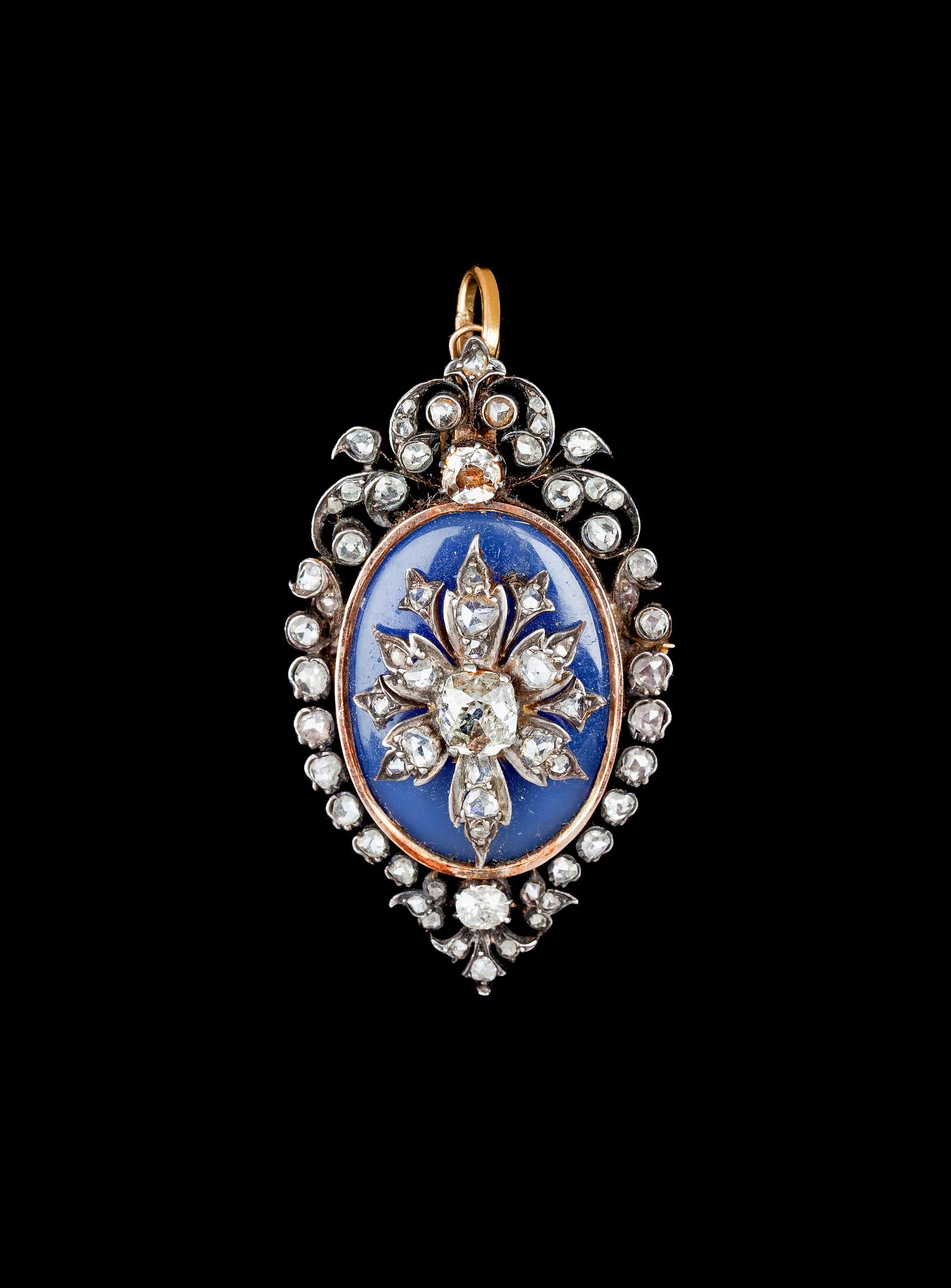 HÄNGSMYCKE/BROSCH, antik- och rosenslipade diamanter, tot. ca 1.40 ct, 1800-tal.