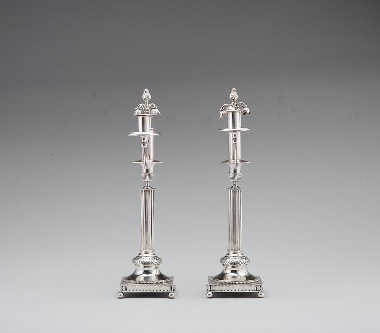 A pair of Swedish 18th century silver candleabra,  mark of Pehr Zethelius, Stockholm 1799.
