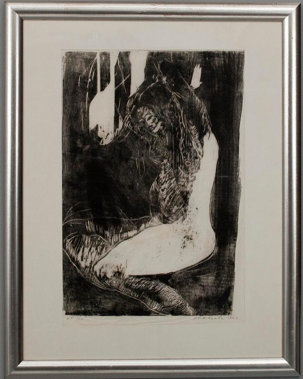 OLAVI HAARALA (SUOMI), puupiirros, koevedos, 3/6, sign. ja päiv. 1963.