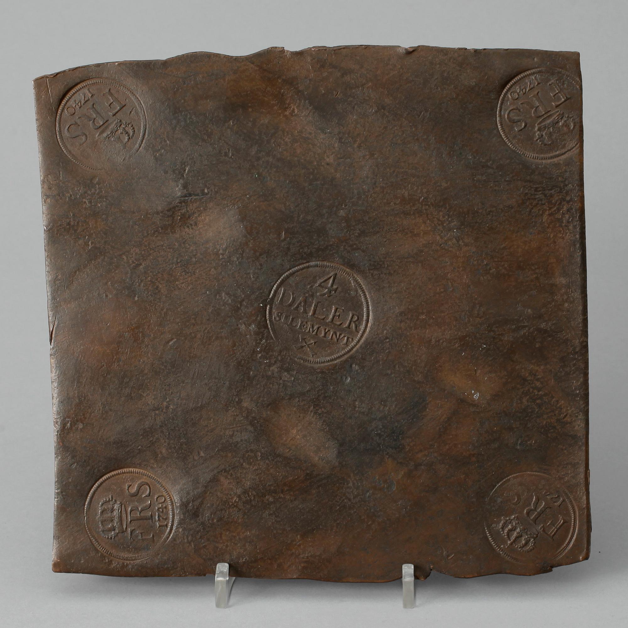 PLÅTMYNT, koppar, Fredrik I av Sverige, 4 Daler Silvermynt, 1740.
