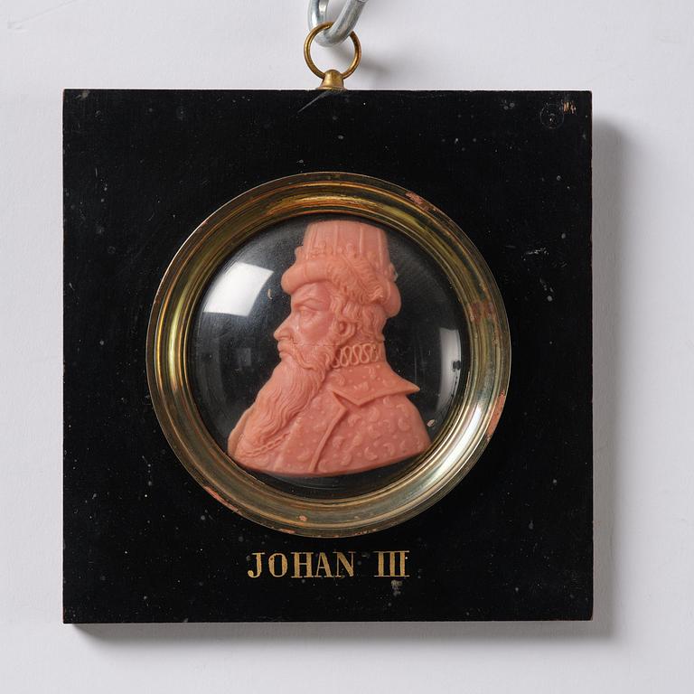 A set of twenty wax portraits of Swedish monarchs, late 19th century.