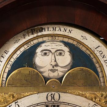 A mahogany veneered longcase clock, marked Peter Pohlmann, London, England, 18th century.