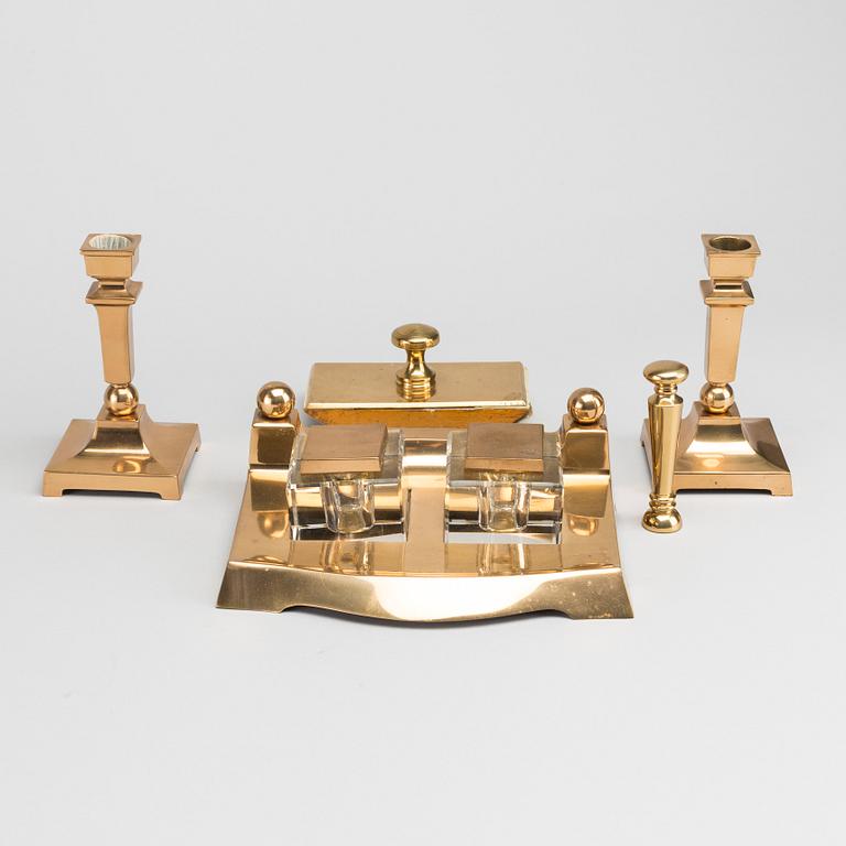 SIX PIECES BRASS INKWELL DESK SET, first half of the 20th century.