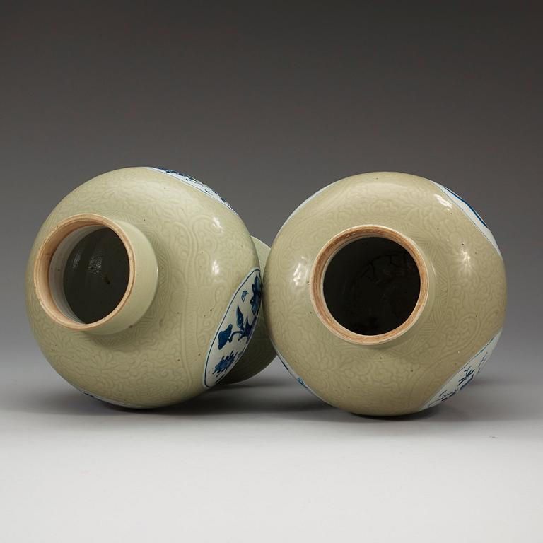 A set of two celadon glazed and blue and white jars, Qing dynasty, 18th Century.