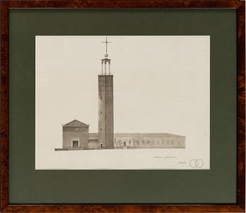 Three architectural drawings, pencil, 20th Century.