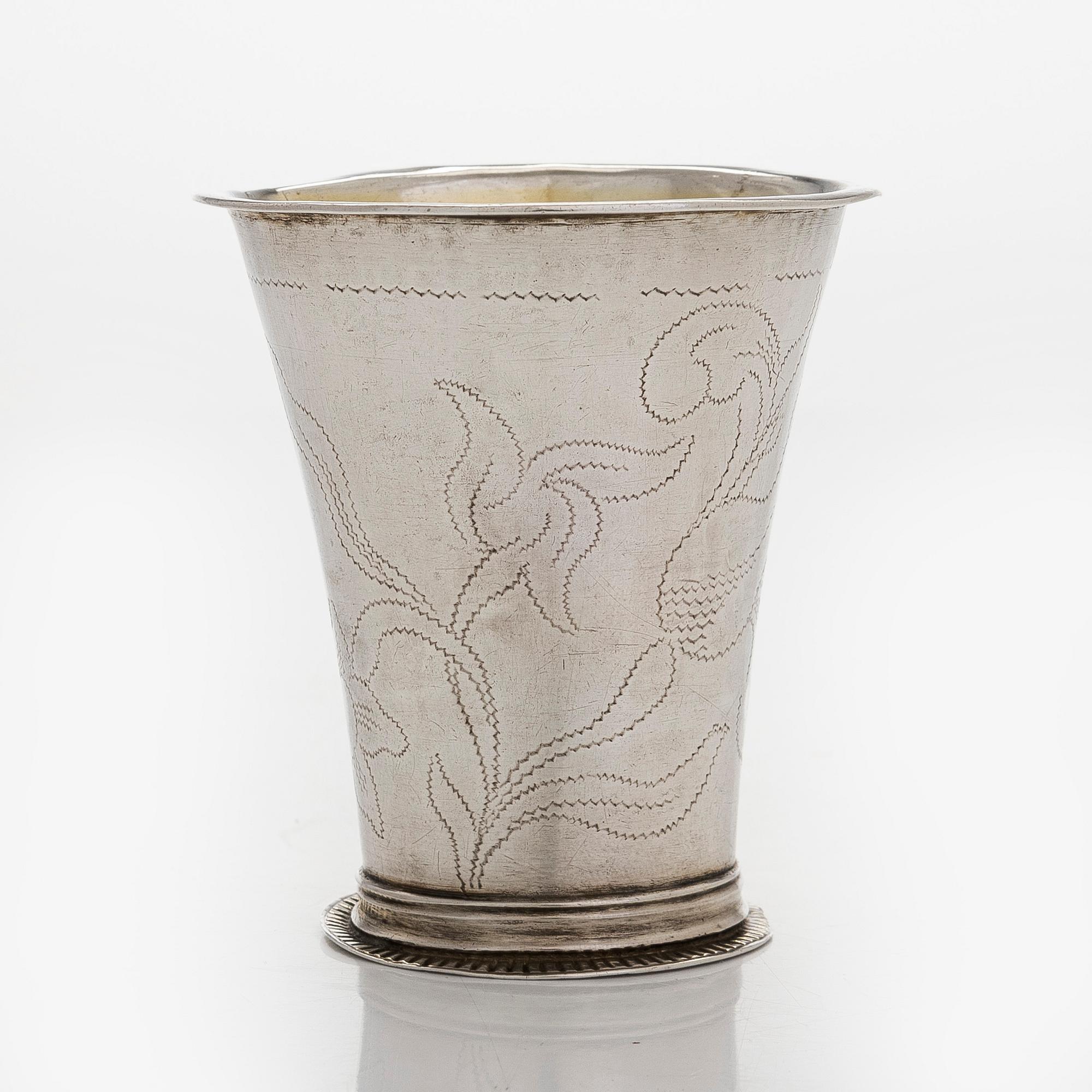 An 18th-century parcel-gilt beaker, maker's mark of Ferdinand Sehl the younger, active in Stockholm 1723-1743.