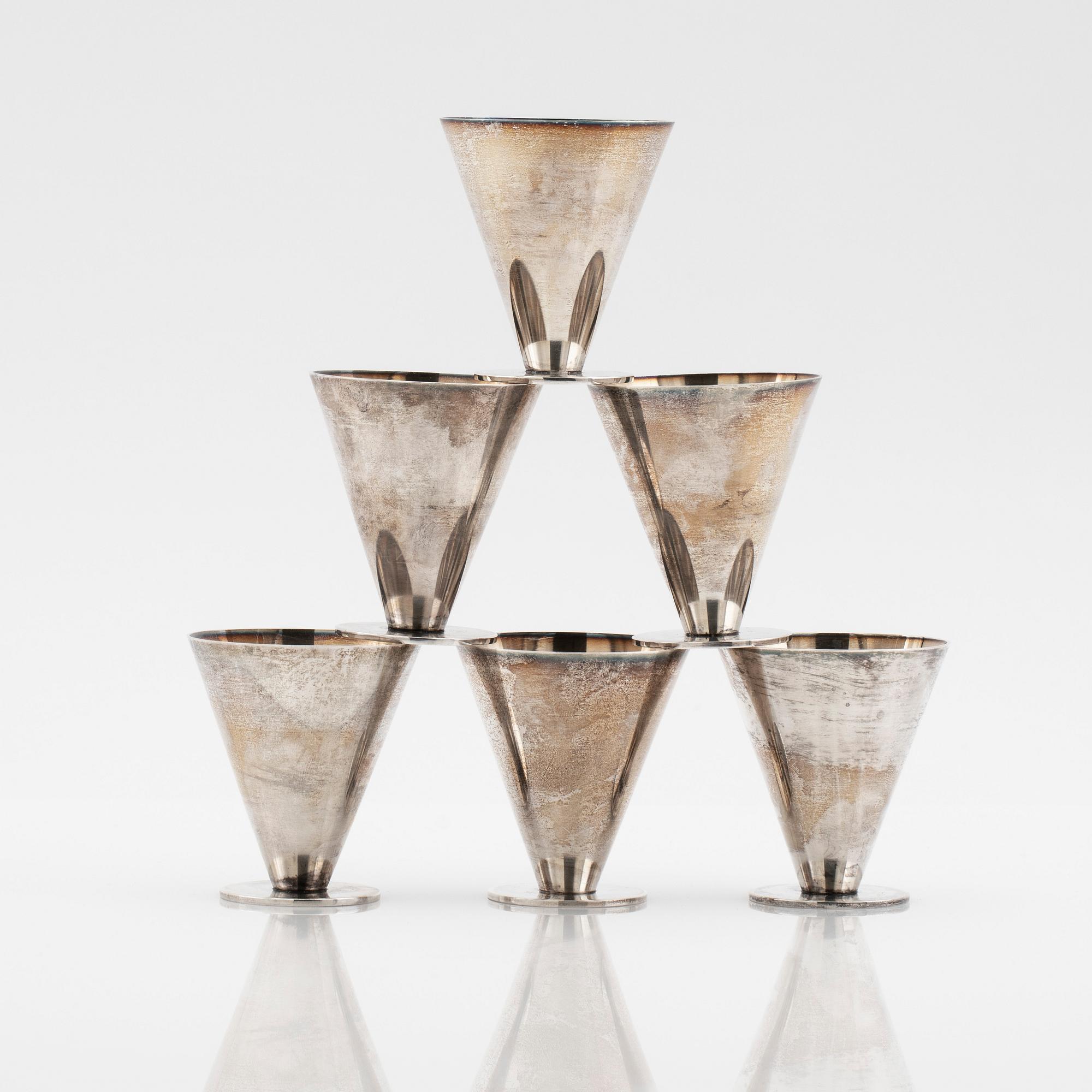 Wiwen Nilsson, cocktail glasses, 6 pcs., silver, Lund, 1957-63.