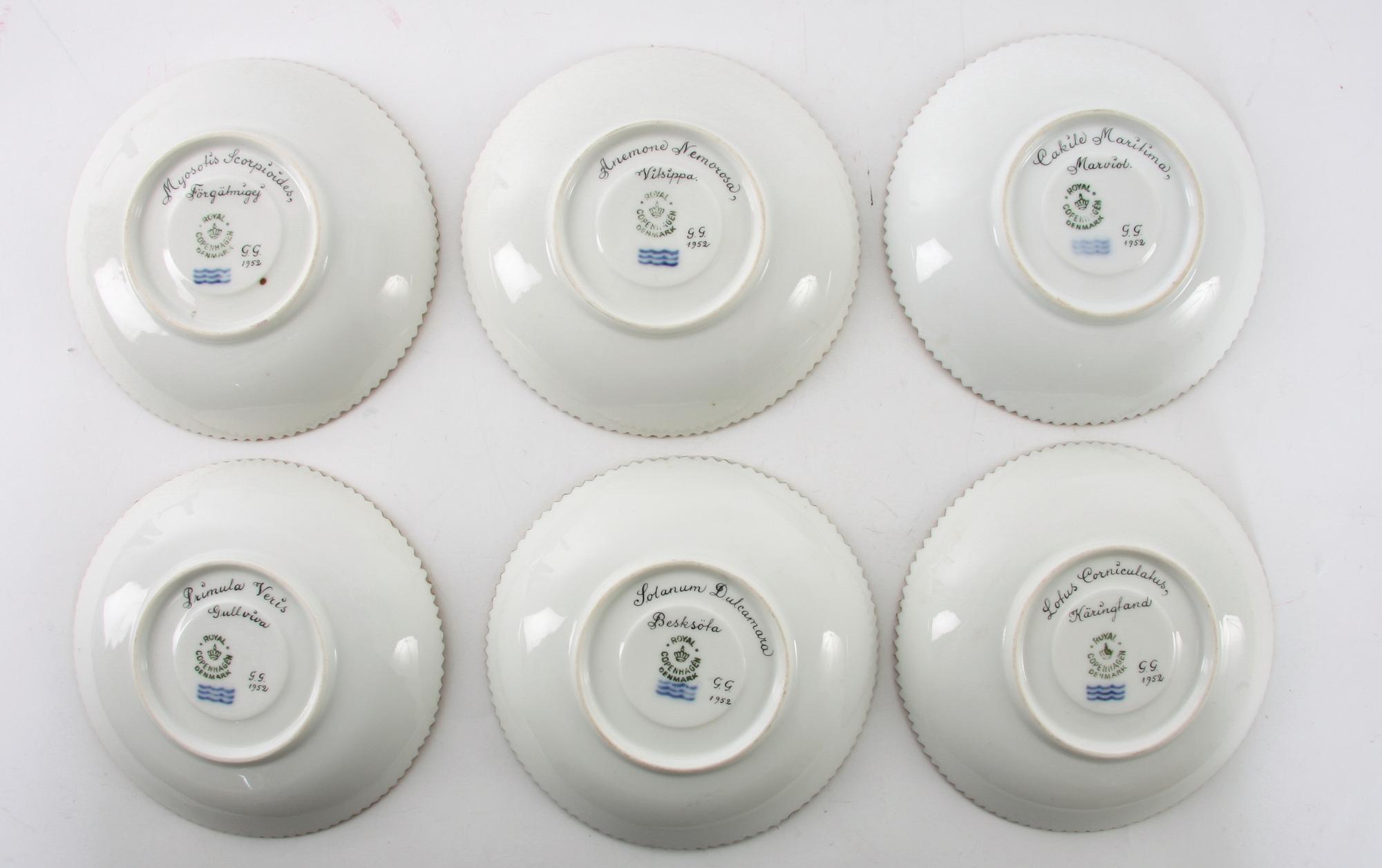 KOPPAR MED FAT samt ASSIETTER, 6+6 st, porslin. Royal Copenhagen "Flora Danica".