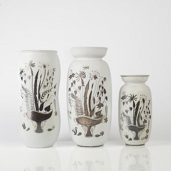 Stig Lindberg, three stoneware "Grazia" vases, Gustavsberg, Sweden, 1951-68.