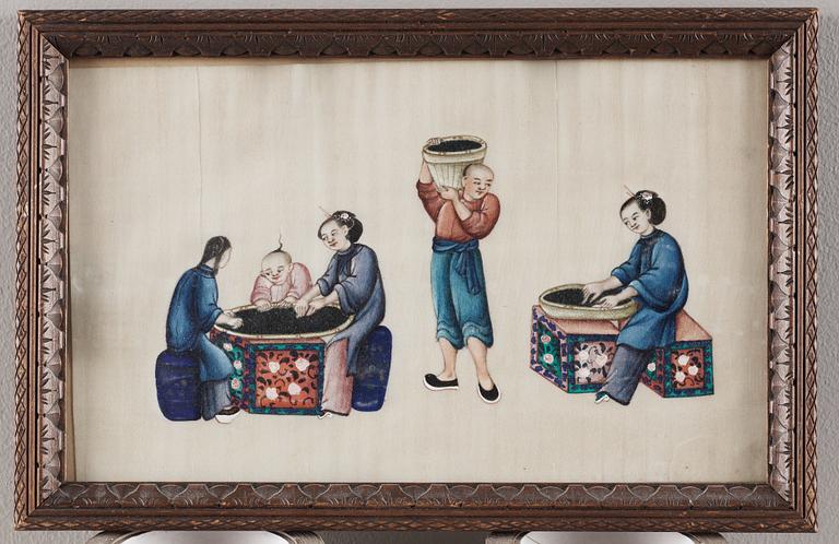 A set of 14 export gouaches on pith paper, portraying the Chinese tea industri, Qing dynasty late 19th Century.