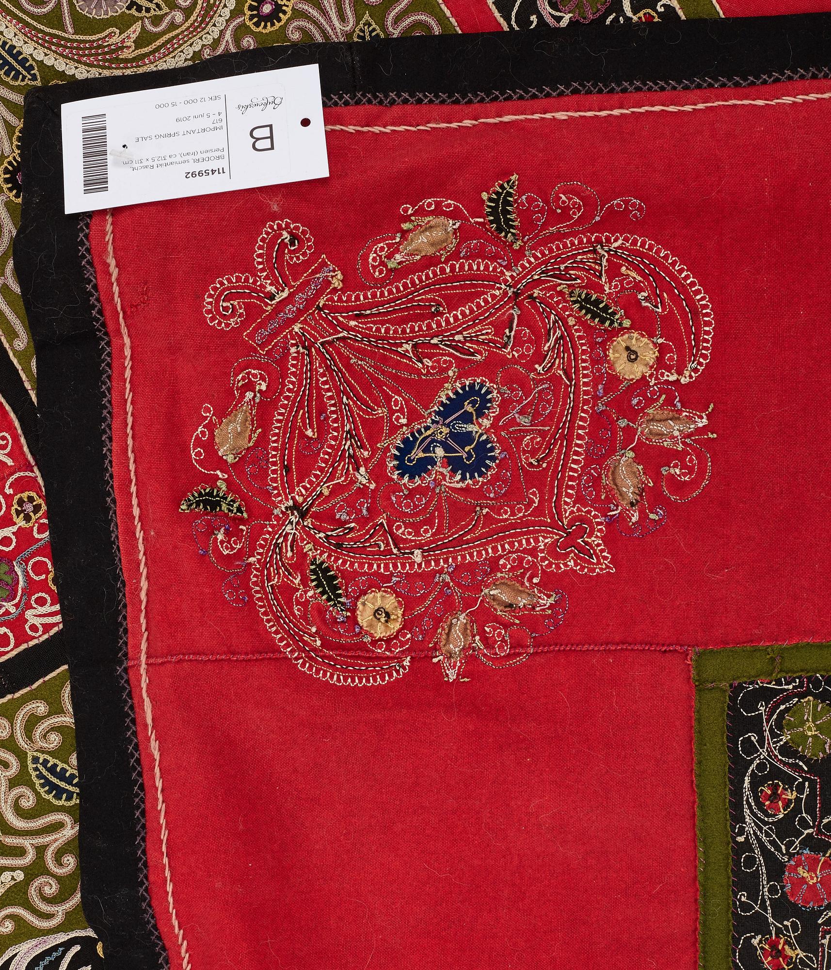 AN EMBROIDERY, a semi-antique Rascht, Persia (Iran), ca 312,5 x 311 cm.