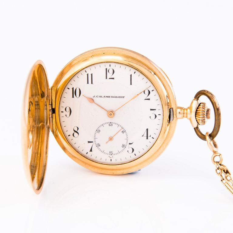 A 14 K gold pocket watch with chain, marked J. Calame Robert. Mid 20 th century. 55 mm.