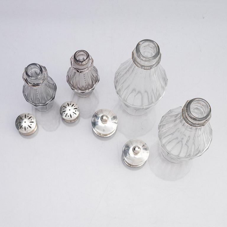 A Swedish 18/19th century silver and glass cruet-set, mark of Pehr Zethelius and Paul Wihlborg, Stockholm 1795 and 1814.