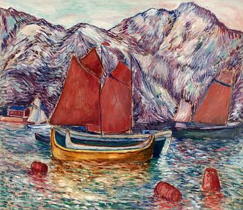 150. Leander Engström, Fjordlandskap med segelbåtar.