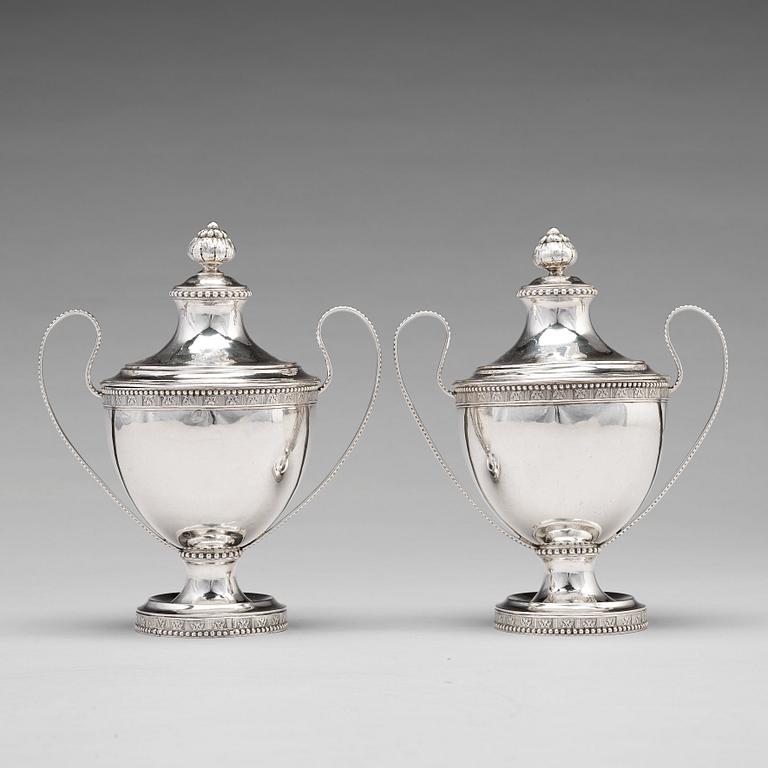 A pair of Swedish 18th century silver sugar bowls and covers, mark of  Fredrik Petersson Strö, Stockholm 1784.