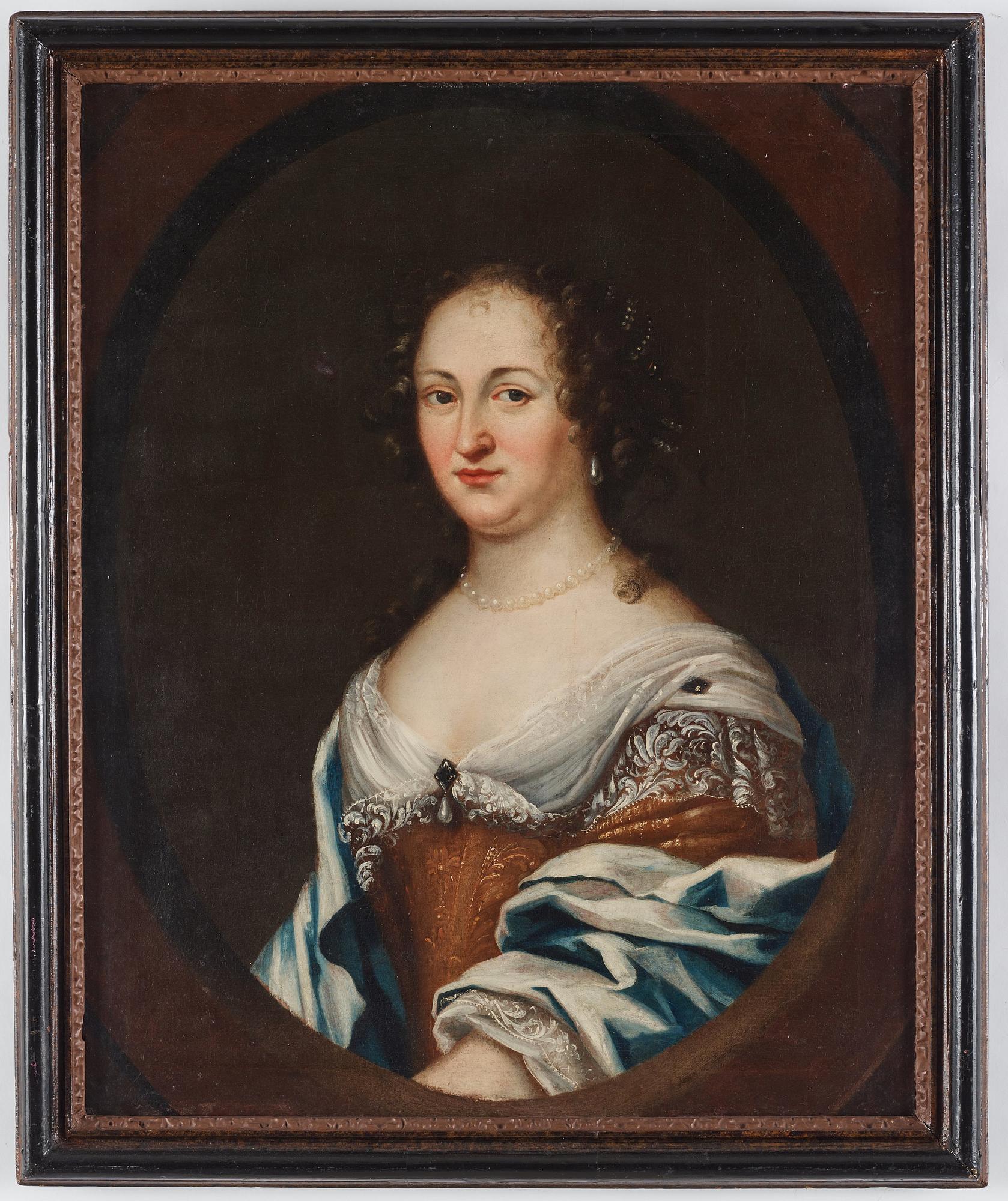 David Schwenck, Portrait of lady wearing gold brocade dress, pearl necklace and pearl earrings.