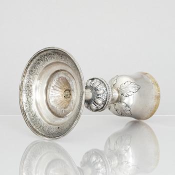 An 18th century parcel-gilt silver cup and paten, unmarked.