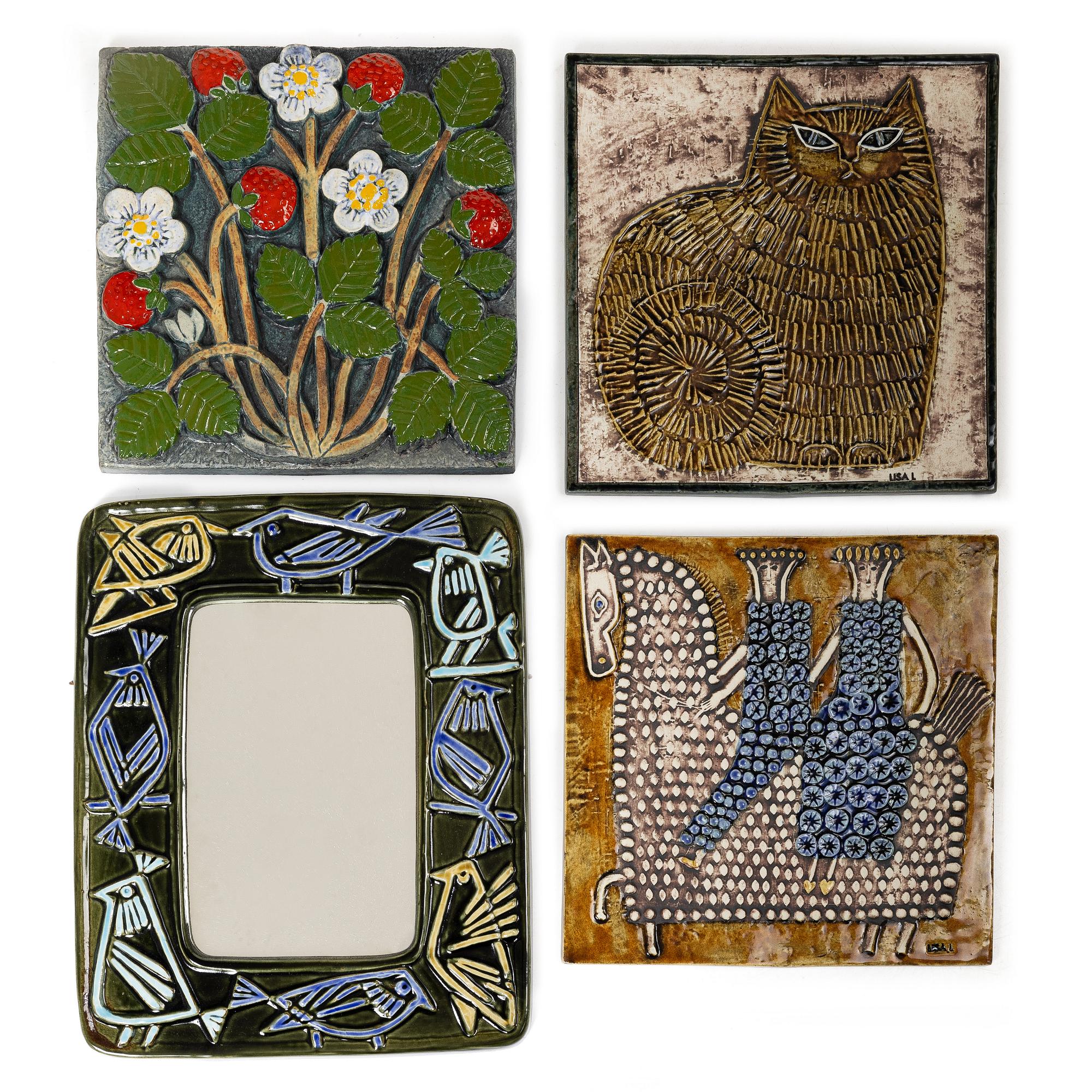 Lisa Larson, three stoneware wall reliefs and a mirror, Gustavsberg.