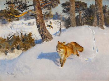 645. Bruno Liljefors, Winter fox with following hound.