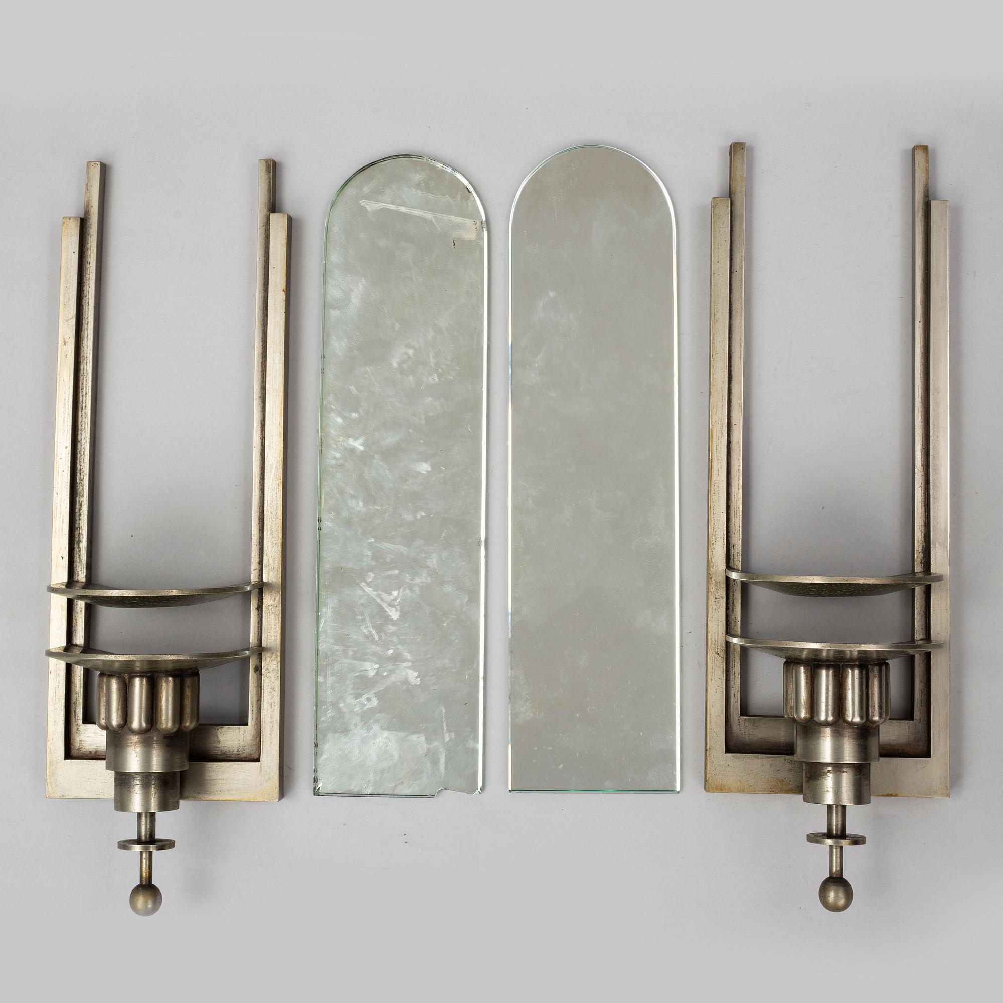 WALL LIGHTS, a pair of 1930's white metal and mirror glass.