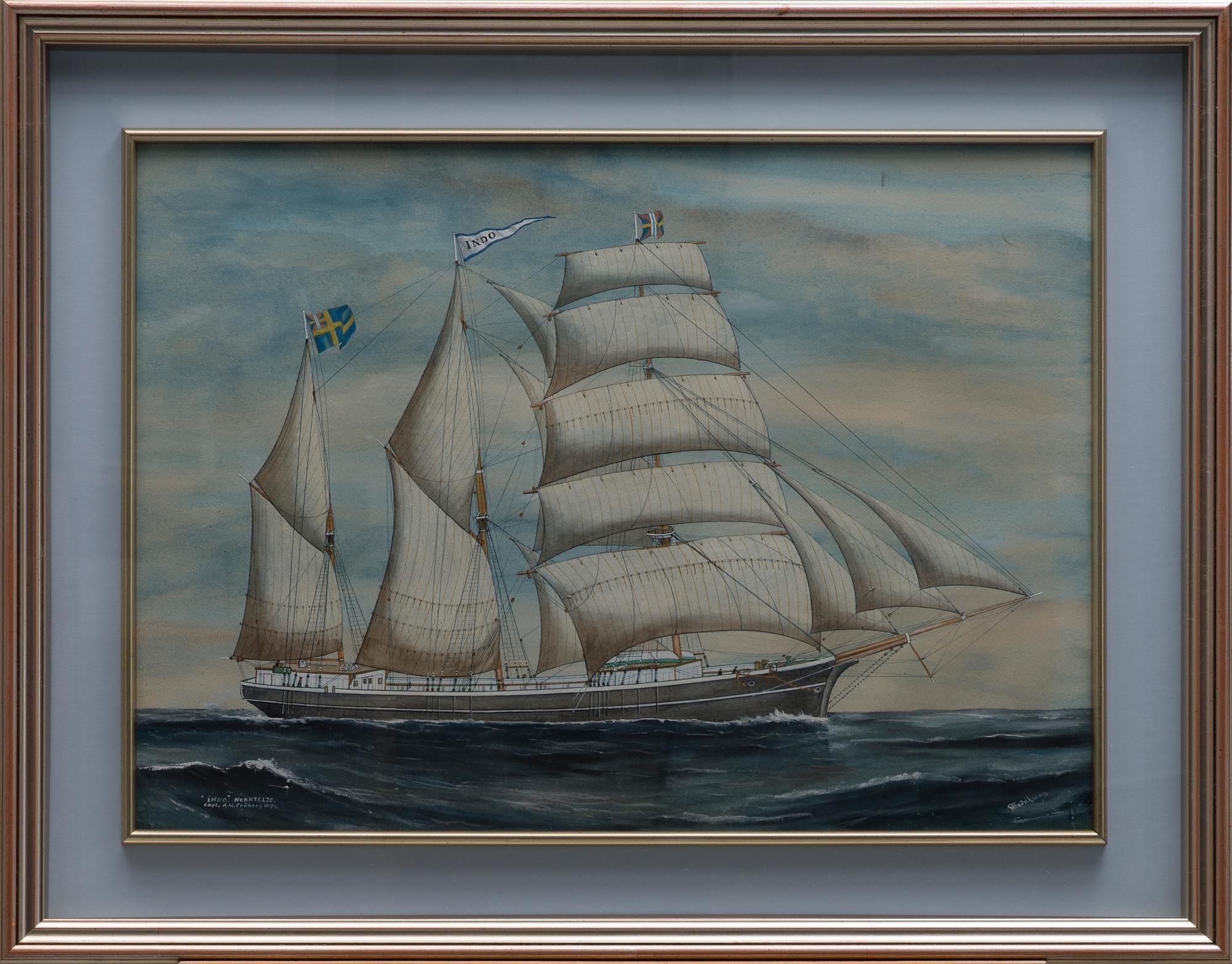 GUSTAF FREDRIKSSON, akvarell med täckvitt, signerad och märkt "Indo", Norrtelje, Capt. A.W. Fröberg 1899.